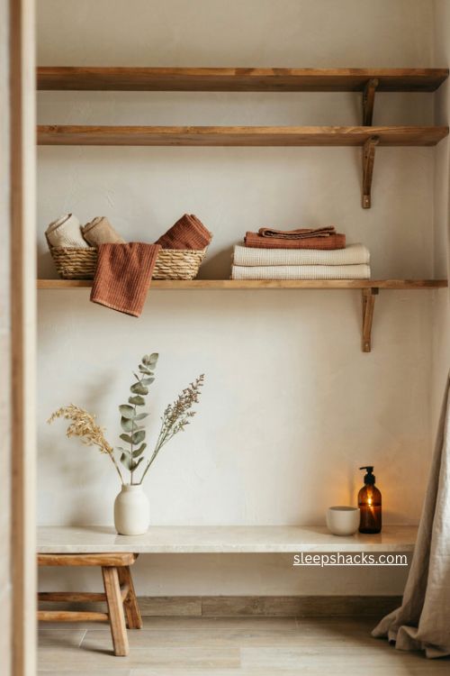Plush textured towels in cream and rust for cozy fall bathroom decor