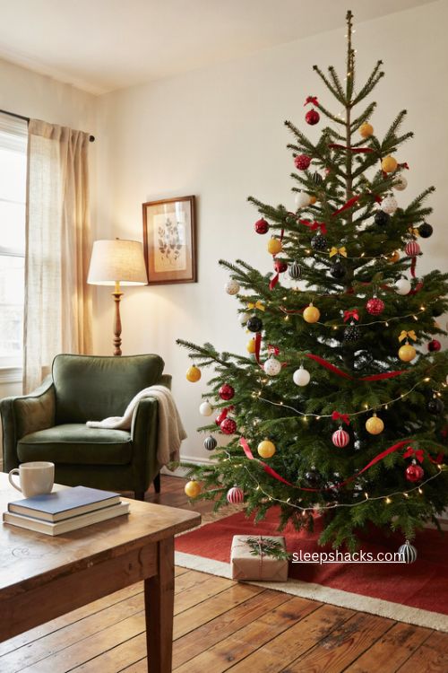 Polka dot mouse ball Christmas tree with red black yellow ornaments and subtle Disney decor 