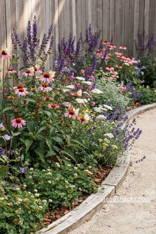 Pollinator garden border with lavender echinacea salvia and colorful flowers for bees and butterflies