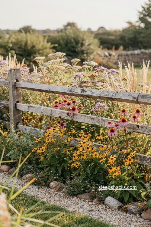 Pollinator strip with native flowers along a rustic split rail fence