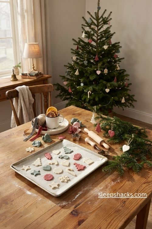 Polymer clay christmas ornaments with handmade shapes and cozy cottage crafting table decor