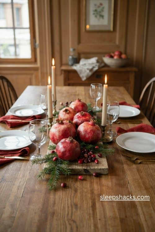 Pomegranate and cranberry christmas centerpiece with evergreen and gold accents