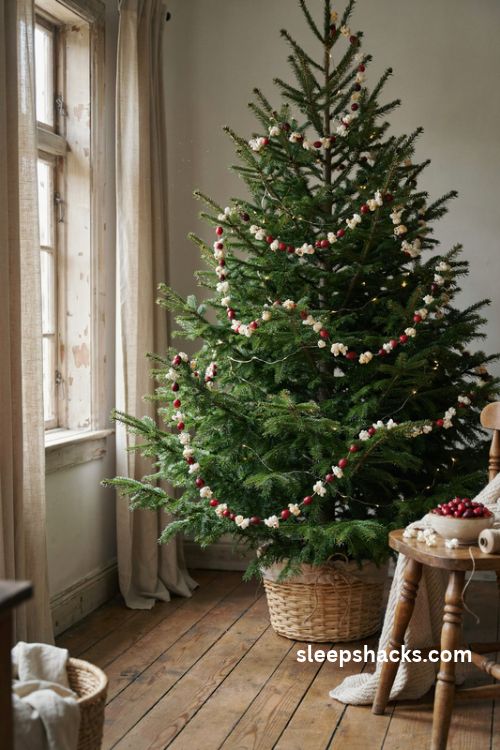Popcorn and cranberry garland on a traditional Christmas tree with cozy vintage farmhouse decor