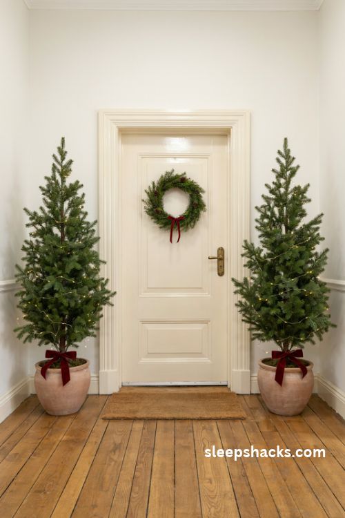Potted Christmas evergreens beside a front door with warm fairy lights matching ceramic pots and cranberry velvet ribbons