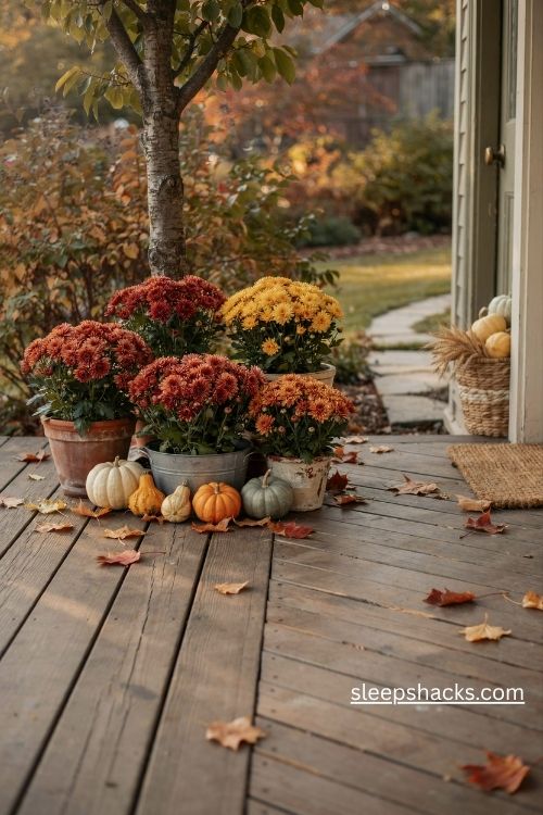 Potted fall mums in red gold and burgundy around a porch tree