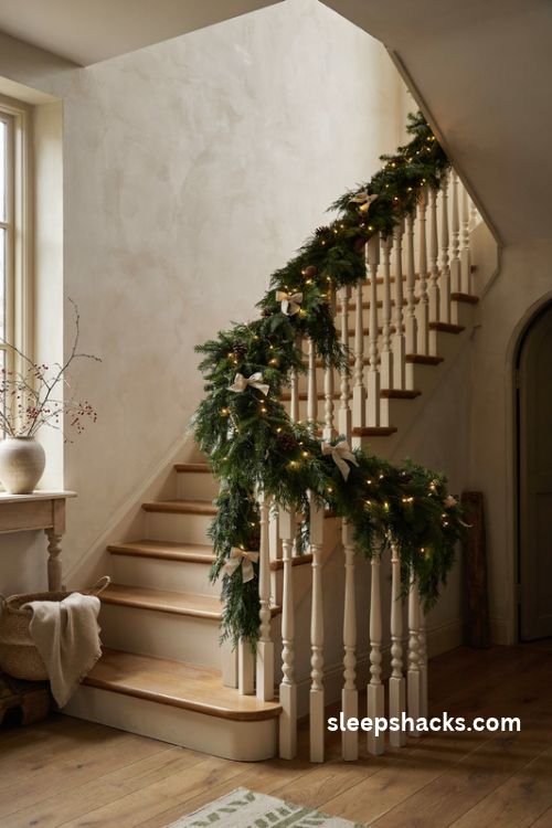 Pre lit Christmas garland with warm white lights along a farmhouse staircase with evergreen branches cream bows and natural oak steps