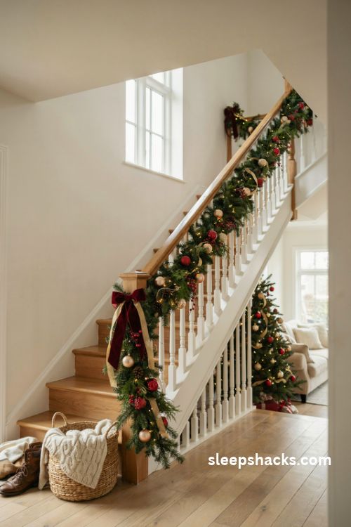 Pre lit Christmas staircase garland with glowing fairy lights ornament clusters berries and velvet bows