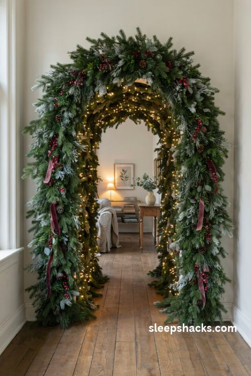 Pre lit Christmas tree archway with frosted evergreen branches warm white lights and red berry accents