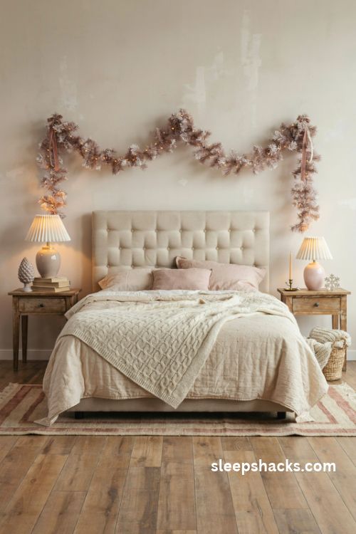 Pre lit blush pink christmas garland draped above a cozy bedroom headboard with velvet ribbons and warm lights