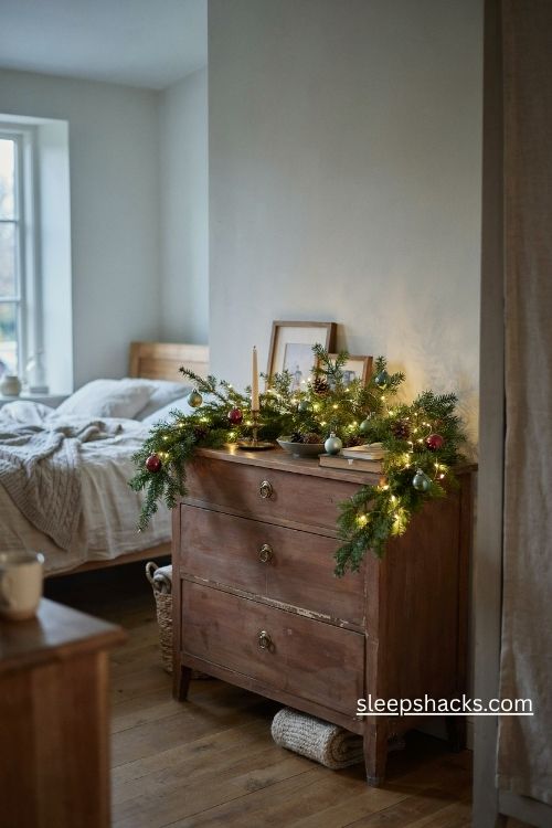 Pre lit christmas garland draped across a vintage wooden bedroom dresser with pinecones and warm fairy lights