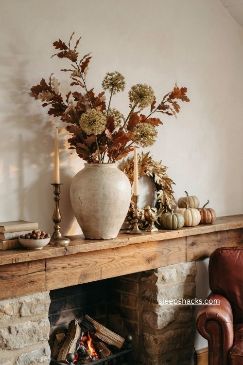 Preserved oak leaves and dried allium in a large vase on a fall mantel