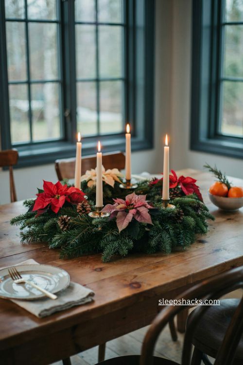 Pretty poinsettia christmas advent wreath with evergreen branches and candles