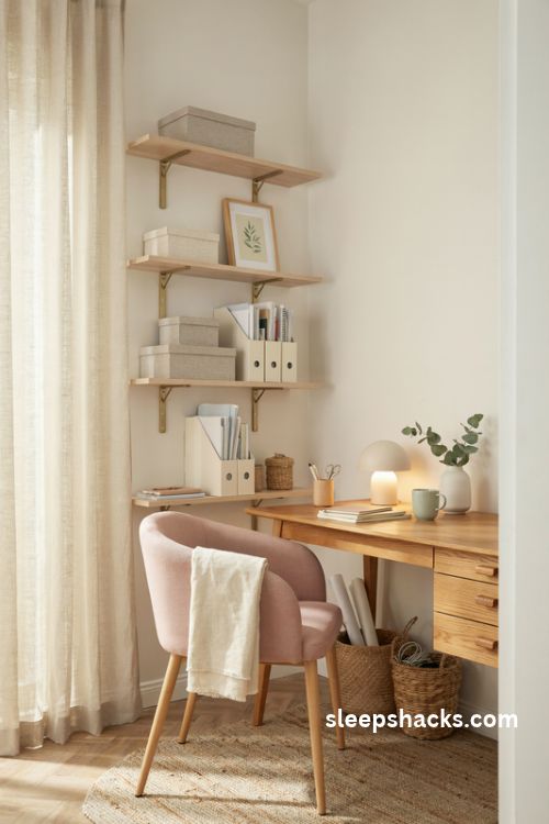 Pretty storage baskets and boxes for a feminine home office with woven rattan baskets, linen storage boxes, a cream file organizer, and a tidy natural wood desk