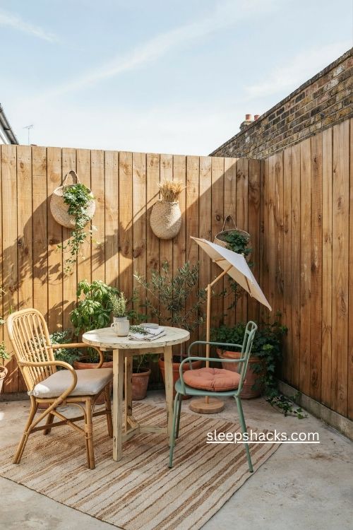 Private enclosed patio ideas with tall fence boho decor and bistro seating