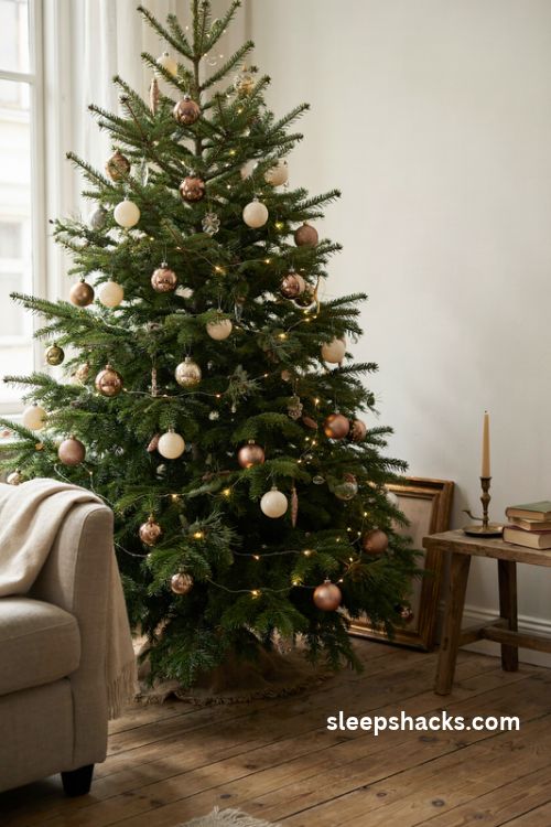 Professionally styled christmas tree with layered gold champagne and ivory ornaments