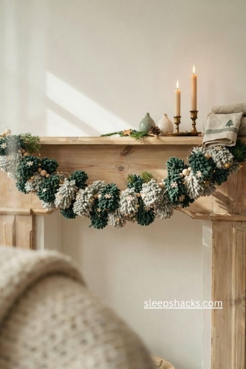 Puff stitch Christmas tree garland with green crochet trees and stars