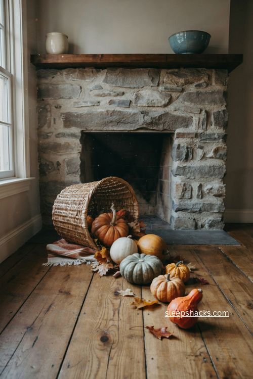 Pumpkin basket spill fall fireplace decor with wicker basket and autumn leaves 