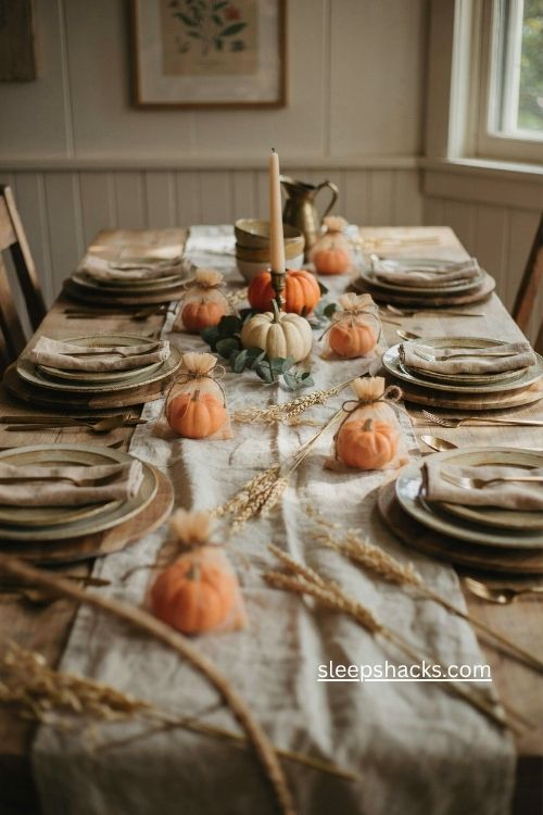 Pumpkin candle party favors for Thanksgiving place settings 