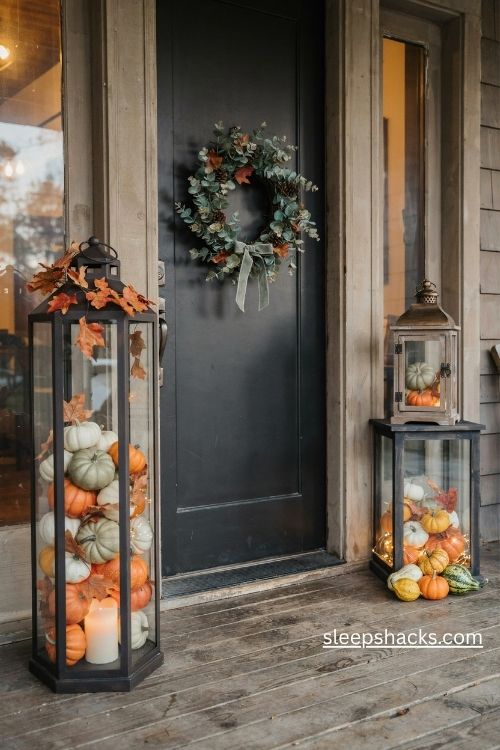 Pumpkin filled porch lanterns with white orange and green mini pumpkins