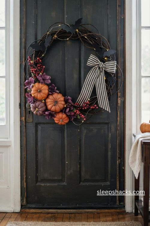 Pumpkin king wreath with striped bow black bats and gothic halloween christmas decorations