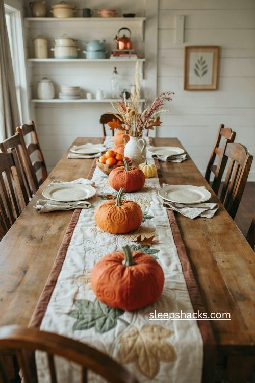 Pumpkin patch table runner with quilted pumpkins orange scraps and farmhouse fall decor 
