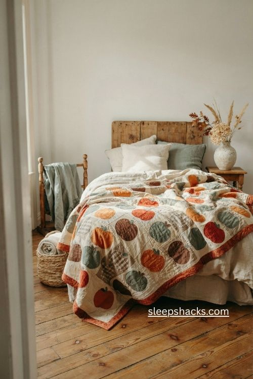 Pumpkin patchwork quilt at foot of bed cozy farmhouse fall decor