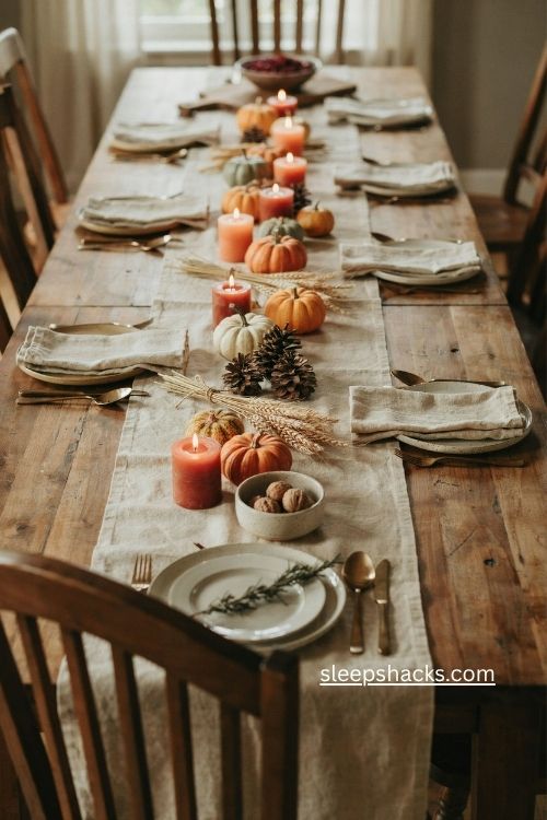 Pumpkin shaped candles with real gourds for Thanksgiving table decor 