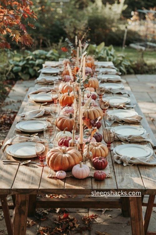 Pumpkin trail thanksgiving table centerpiece with sage white orange and blush pumpkins
