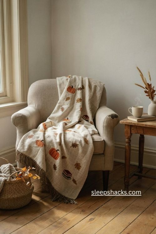 Pumpkins and books woven fall blanket in cozy reading corner
