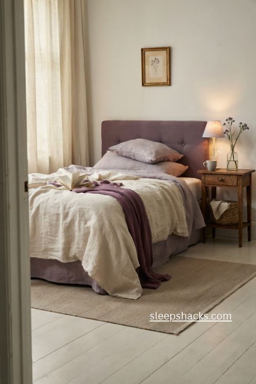 Purple bedroom ideas with plum headboard lavender accents and cozy ivory bedding