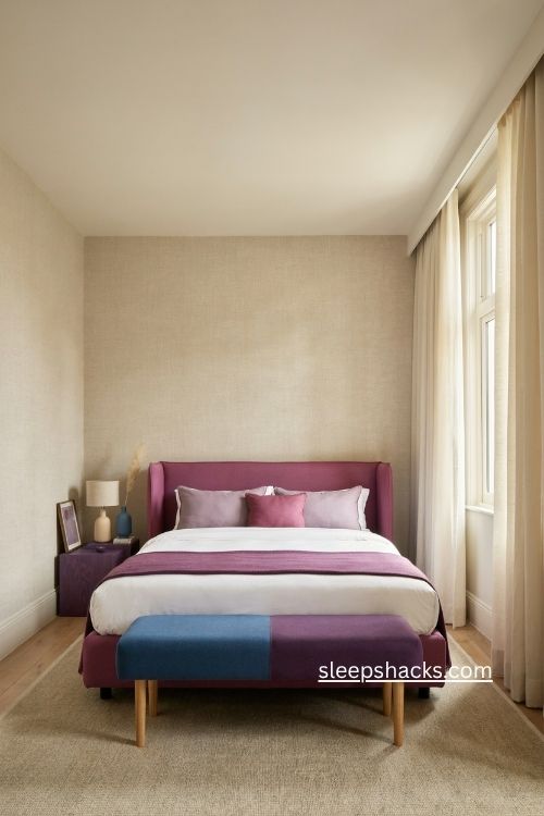 Purple bedroom with fuchsia bed frame cobalt blue bench and neutral wallpaper