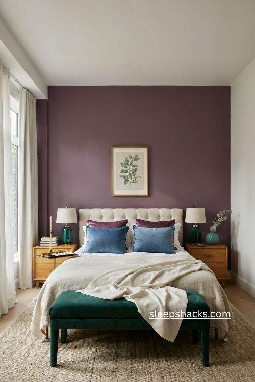 Purple bedroom with plum accent wall emerald lamps and jewel tone decor