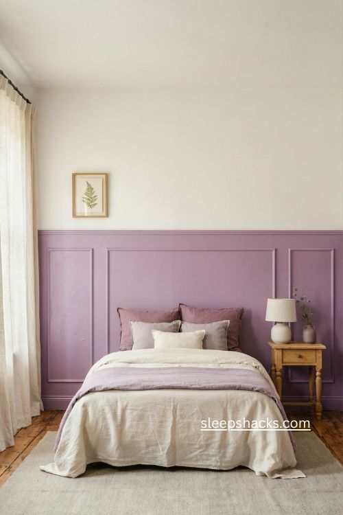 Purple bedroom with vibrant violet wainscoting and crisp white upper walls