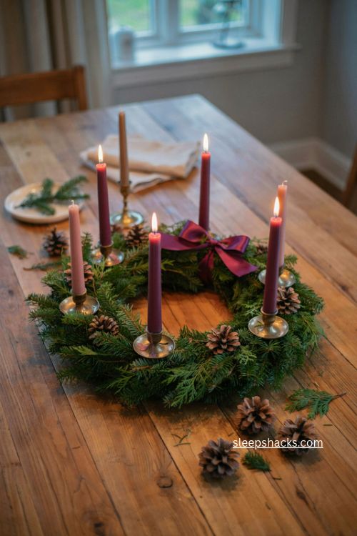 Purple ribbon traditional christmas advent wreath with purple and pink candles