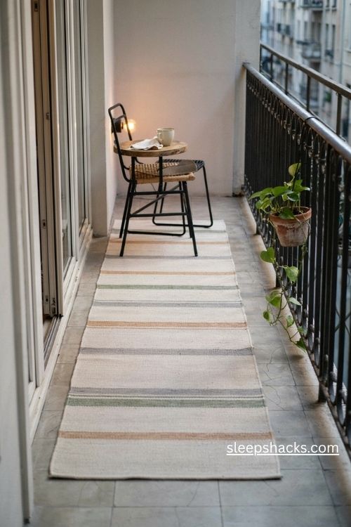 Quick dry outdoor rug ideas for a small flat balcony with light stripes and cozy furniture