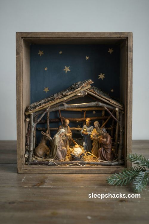 Quiet nativity diorama with a rustic handmade stable, miniature holy family, golden stars, and warm manger light