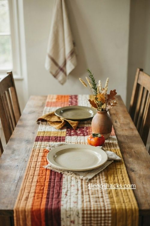 Quilt as you go scrap table runner with autumn fabric strips and cozy farmhouse decor 