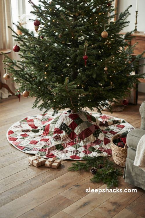 Quilted patchwork christmas tree skirt pattern with cozy vintage fabric squares