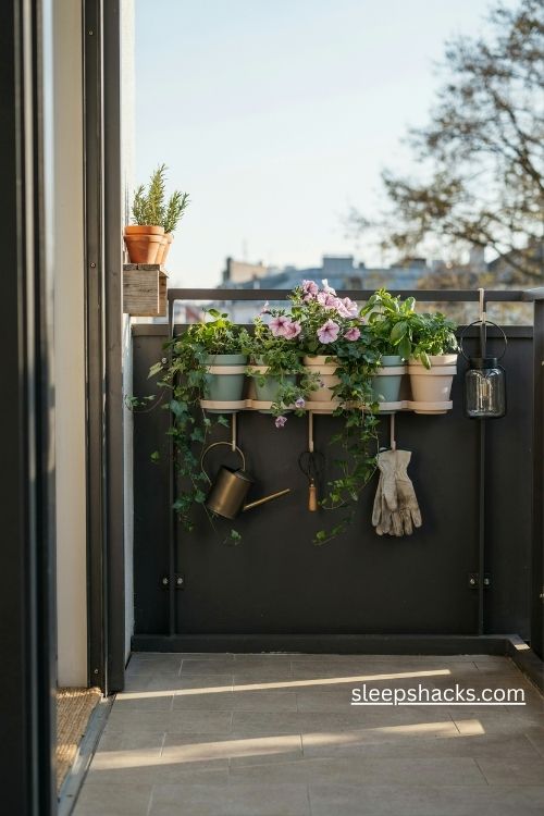 Railing planters and hooks for small balcony storage with trailing green plants 
