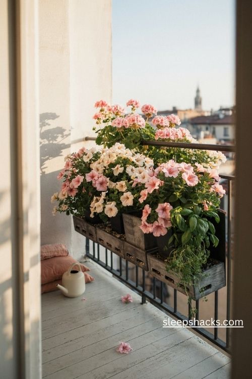 Railing planters for a small flat balcony with cascading pink flowers and space saving greenery