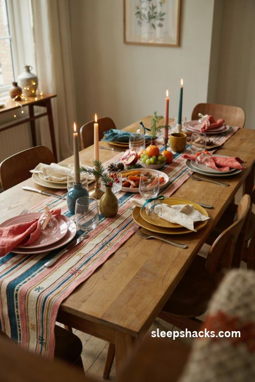 Rainbow christmas dining table with colorful mismatched plates and ornament napkin gifts