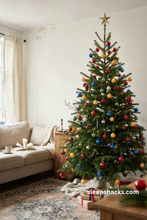 Rainbow christmas tree with bright colorful ornaments and warm white lights
