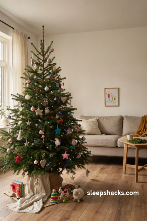 Rainbow christmas tree with colorful shatterproof ornaments felt stars and multicolored lights for kids