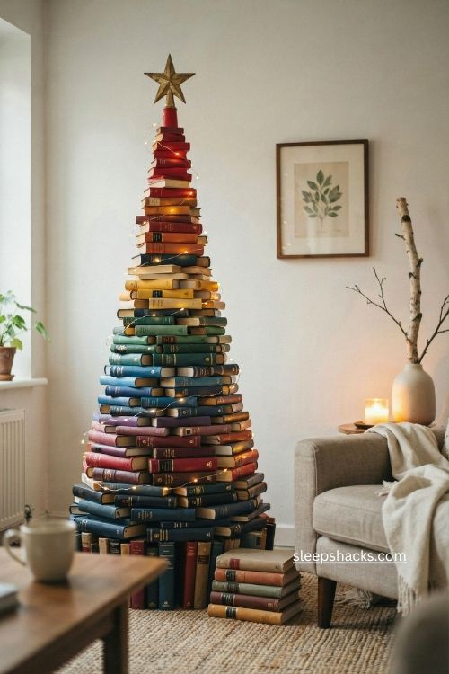 Rainbow gradient book christmas tree with colorful spines and warm white lights 