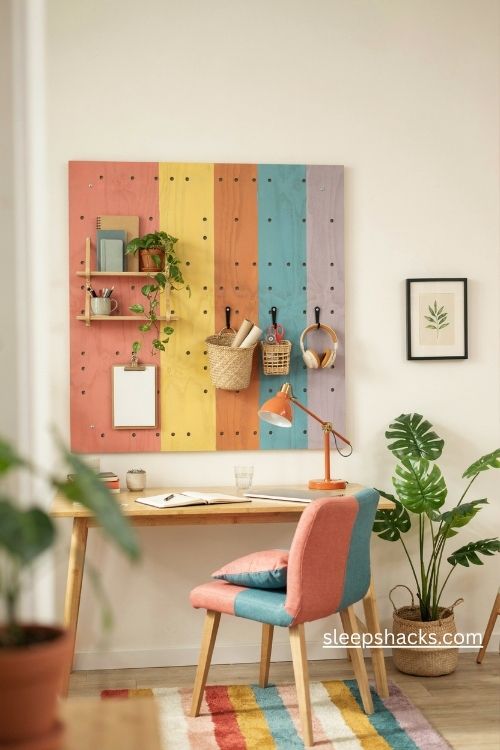 Rainbow pegboard in a funky home office with colorful shelves hooks and creative desk organization 