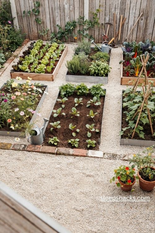 Raised bed grid small garden plan with cedar planters and neat gravel pathways
