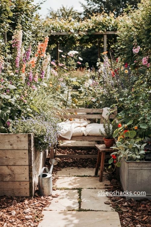 Raised beds around a cozy patio seating area with lush flowers and rustic cedar planters
