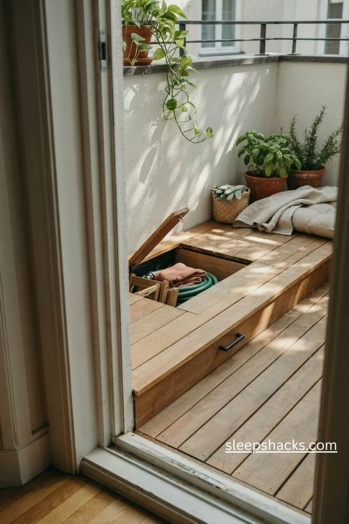 Raised platform with hidden storage for a small balcony using wooden deck tiles 