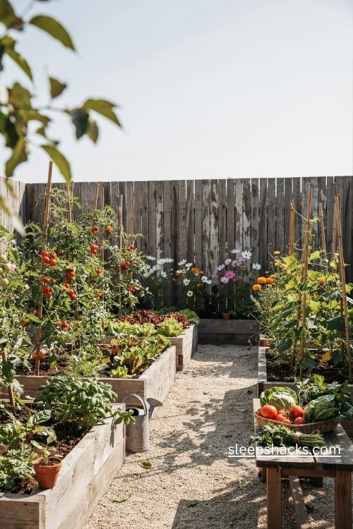 Raised vegetable garden beds with tomatoes lettuce beans and fresh herbs in a sunny backyard