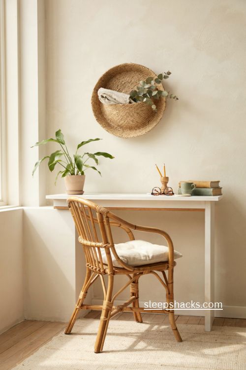 Rattan boho office decor with a cozy white desk and natural textures 